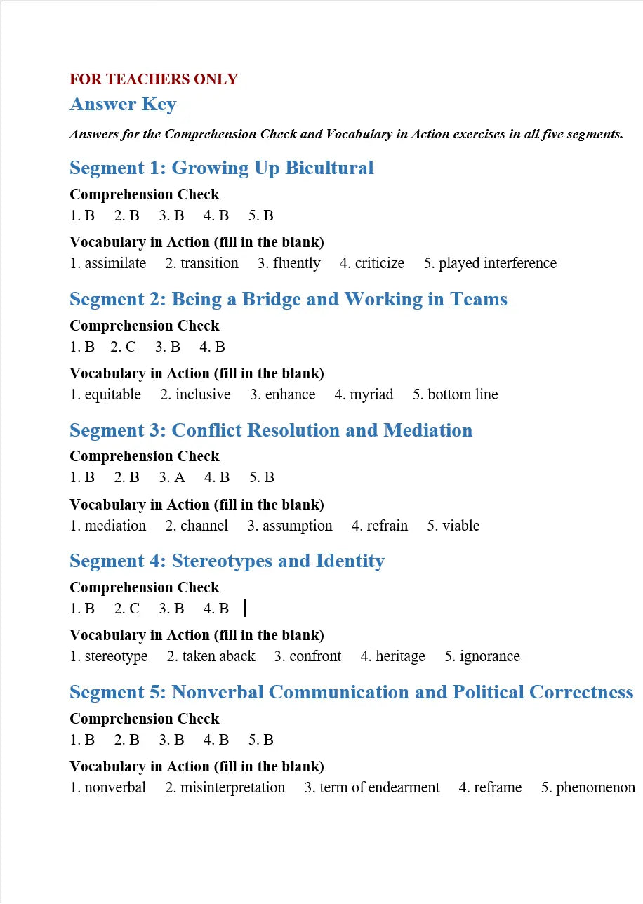 A digital document page titled 'Answer Key' for teachers, featuring educational content about cultural bilingualism, segmented into five sections with comprehension checks and vocabulary lists. Included with video purchase.