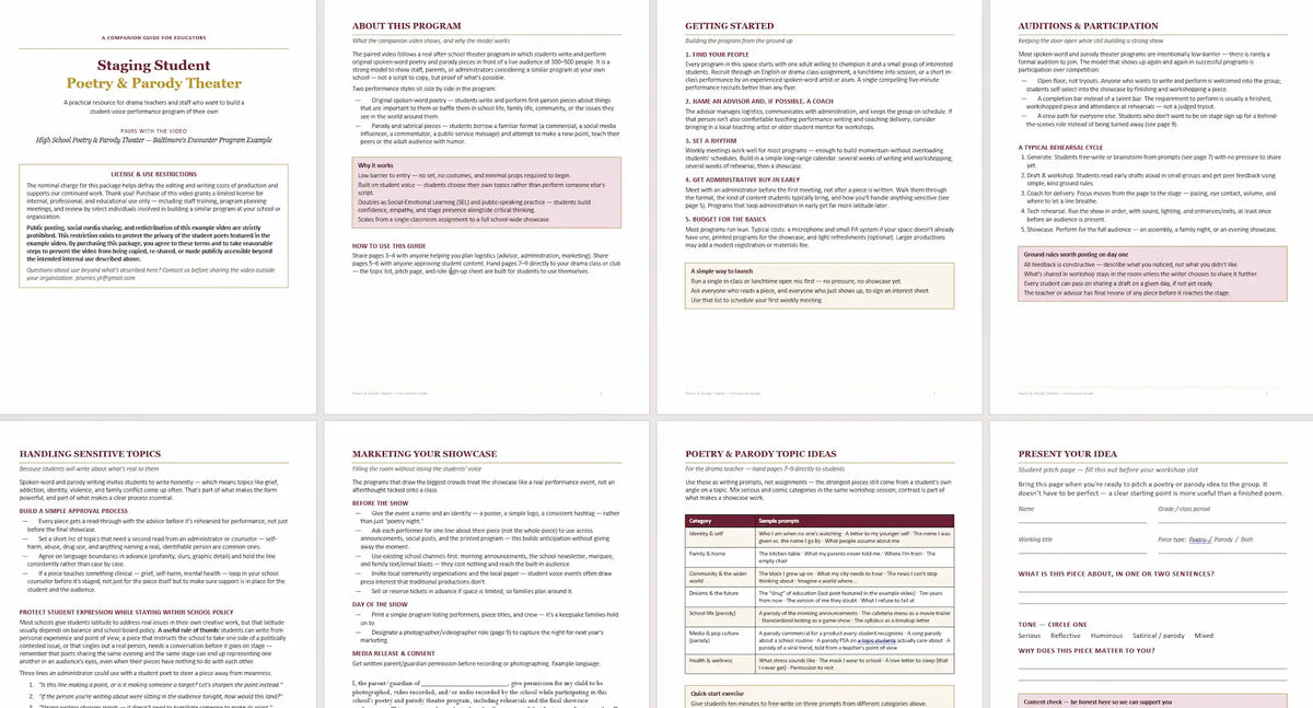 A collage of eight document pages for a high school poetry and parody theater program, showing sections like about the program, getting started, and marketing the program.