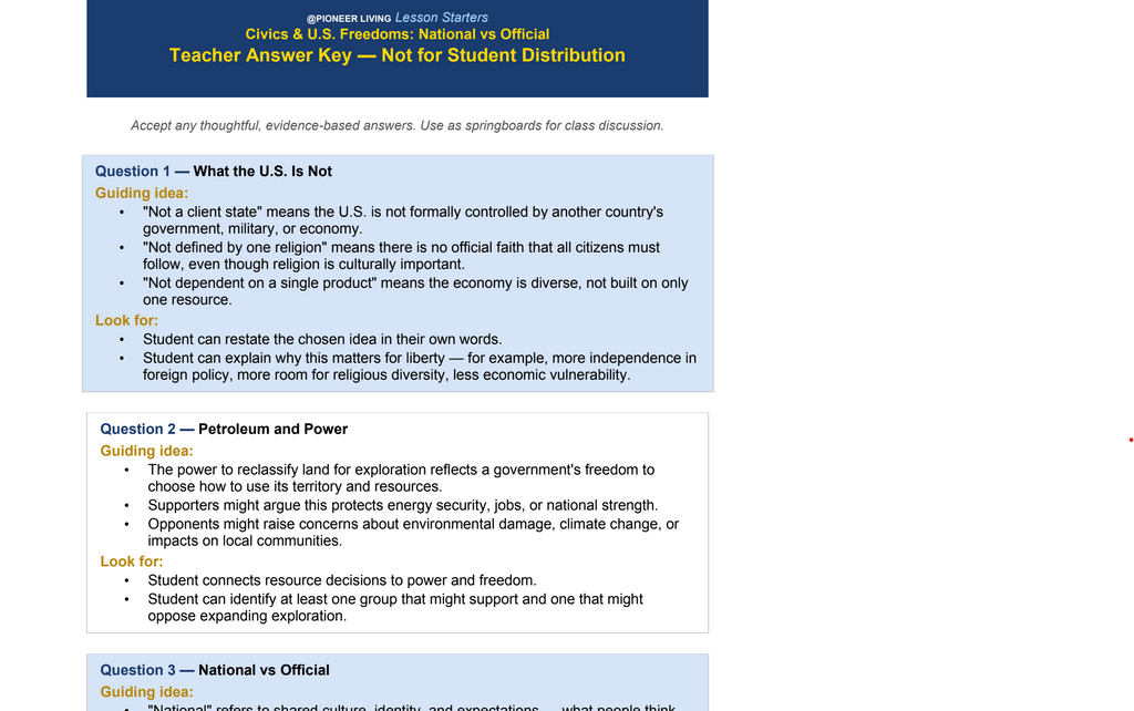 Civics & U.S. Freedoms: National vs Official VIDEO (1:42) and Student Assignment and Teacher Key (3-page PDF)