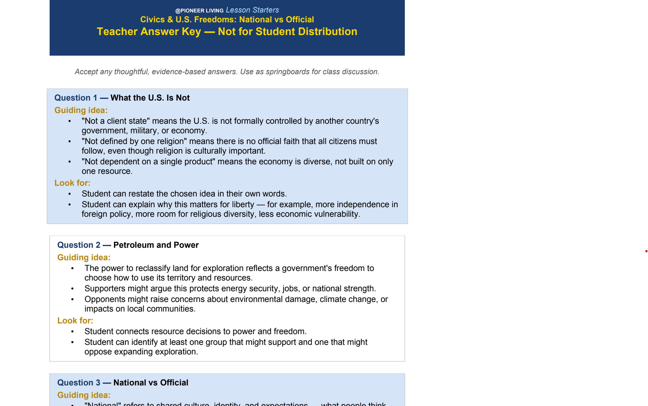 Civics & U.S. Freedoms: National vs Official (.pdf 3-pages Student Assignment and Teacher Key only)