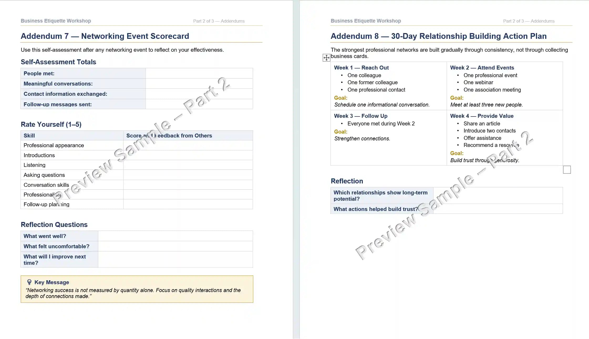 Part 2 preview - Screenshot of a networking event scorecard and action plan document. A digital download included with purchase of video.