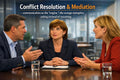 A professional mediation or conflict resolution scene with three people seated around a table, with the text 'Conflict Resolution & Mediation' at the top. Module 3 of video bundle.