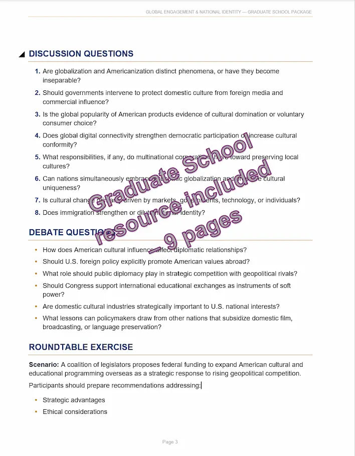 A document page with discussion and debate questions plus a roundtable exercise, overlaid with a large diagonal watermark reading 'Graduate School Resources Included.' A digital educational resource preview.
