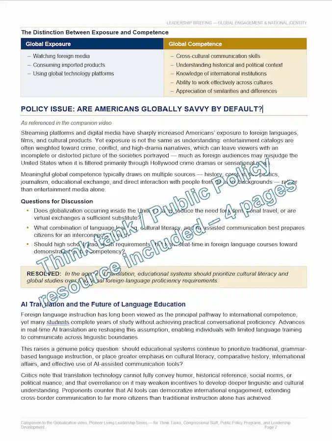 A Think Tank Public Policy document page titled 'The Distinction Between Global Exposure and Global Competence' with bullet points, AI Translation and the Future of Language Education. A digital educational resource preview.