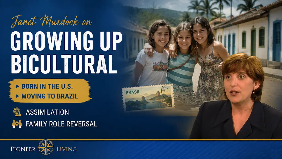 "Growing Up Bicultural" Janet Murdock, a photo of three girls outdoors, a postcard reading Brazil. Module 1 of video bundle.