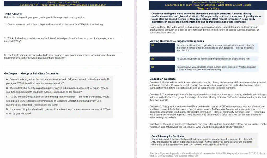 Educational document on leadership with question prompts, a digital resource included with purchase