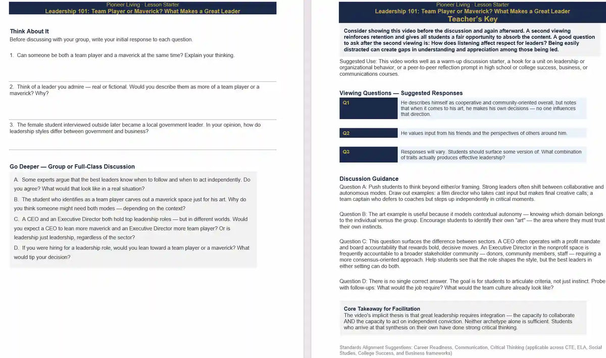 Educational document on leadership with question prompts, a digital resource included with purchase