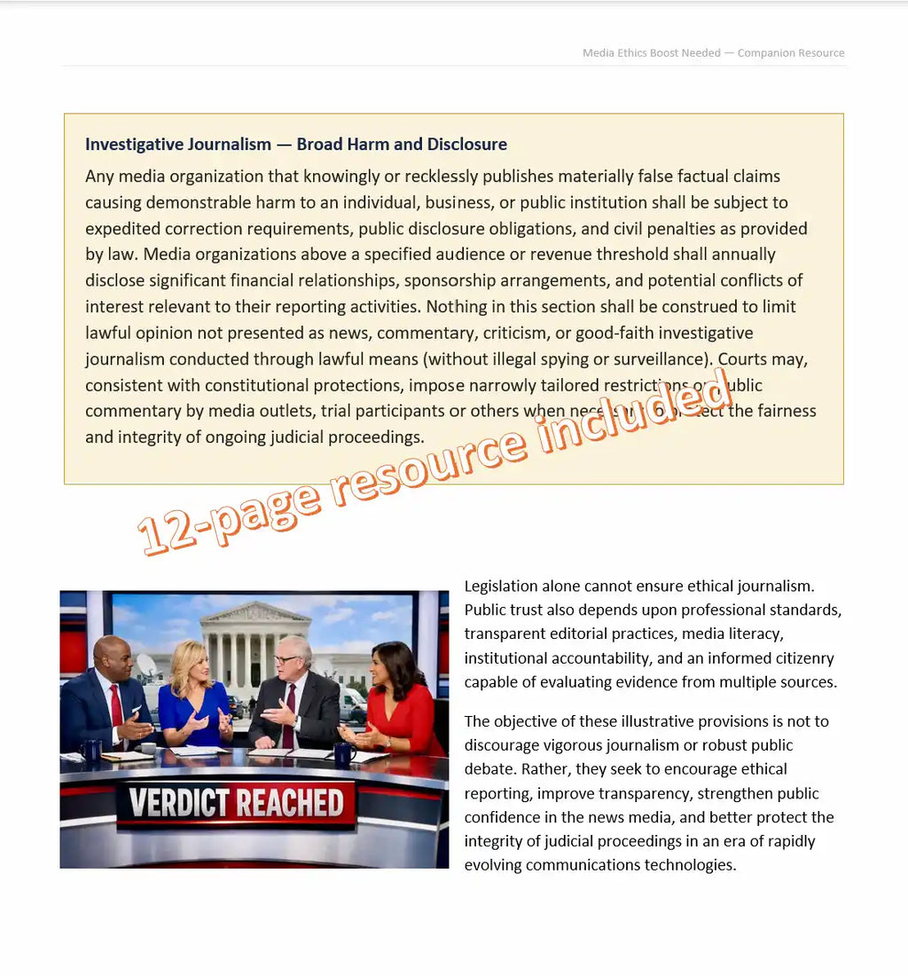 A public policy document titled 'Investigative Journalism — Broad Harm and Disclosure' with a small inset photo of journalists at a press event, and a large red diagonal banner reading '12-page resource included'.