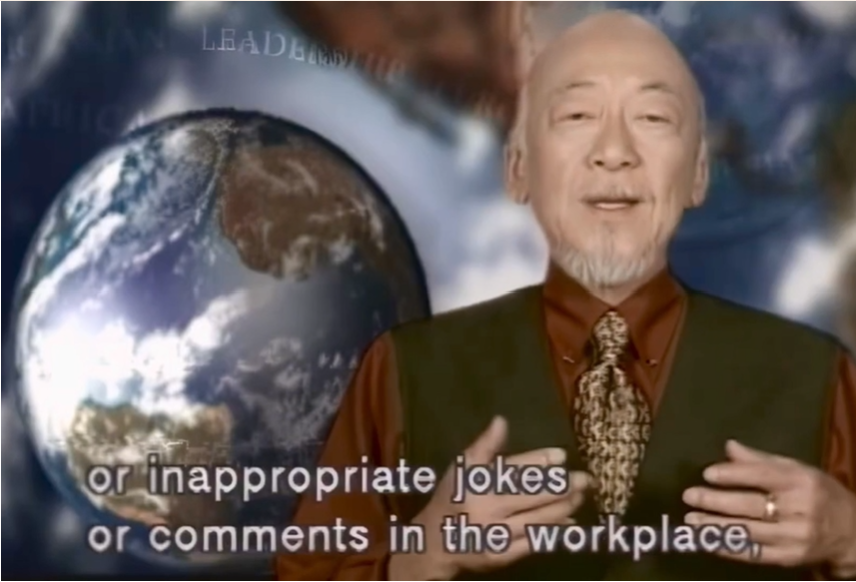 Pat Morita introducing the effects of inappropriate jokes or comments in the workplace