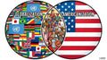 Venn diagram -two circular icons labeled 'Globalization' and 'Americanization' with corresponding images and flags.