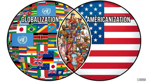 Venn diagram -two circular icons labeled 'Globalization' and 'Americanization' with corresponding images and flags.
