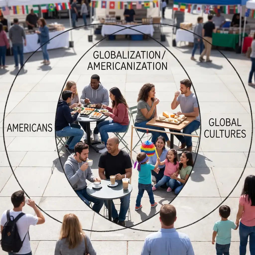 Americans embracing international influences like Pinatas, sushi, cheese, cappuccino in a Venn diagram depicting intersection of globalization and Americanization.