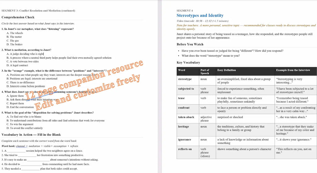 A digital preview of a two-page educational companion resource about stereotypes and identity, included with video purchase.
