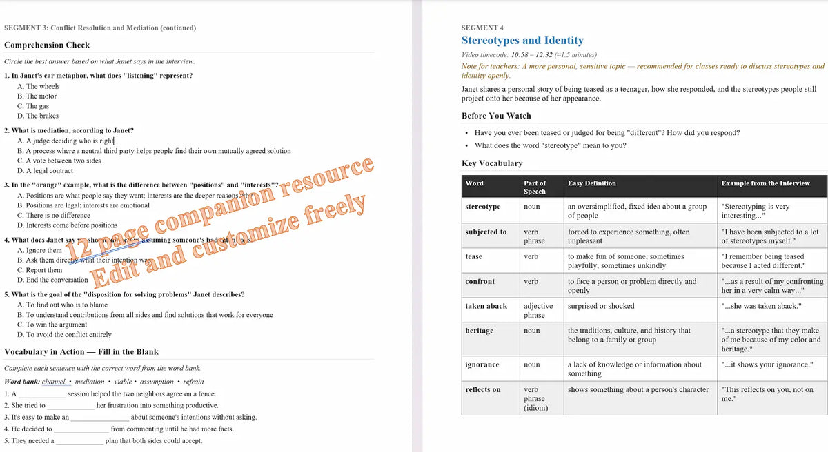A digital preview of a two-page educational companion resource about stereotypes and identity, included with video purchase.