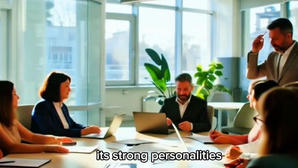 A group of people in a bright modern office meeting room around a conference table, with one man standing and one man seated at the head of the table. Subtitles at the bottom read 'its strong personalities'.